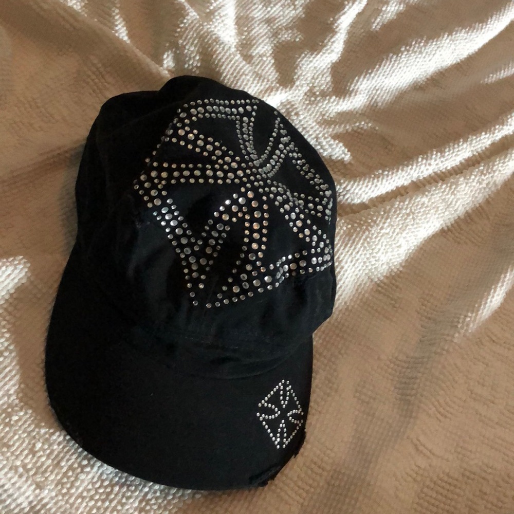 Black Distressed Rhinestone Strapback Cap